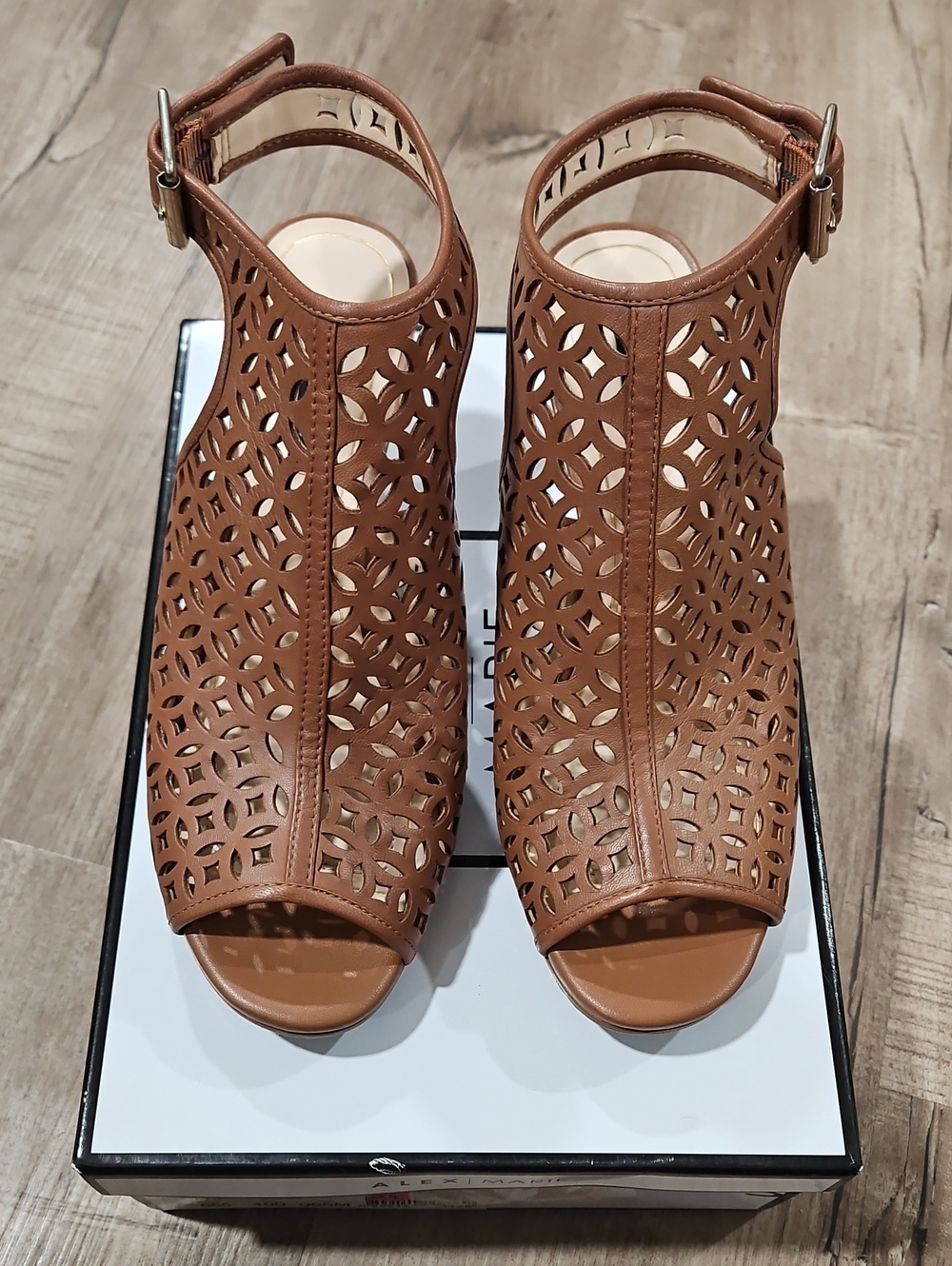 Alex Marie Tan Laser-Cut Peep-Toe Ankle Strap Heels